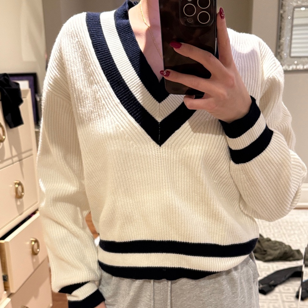 Mango V-Neck Sweater - White and Navy